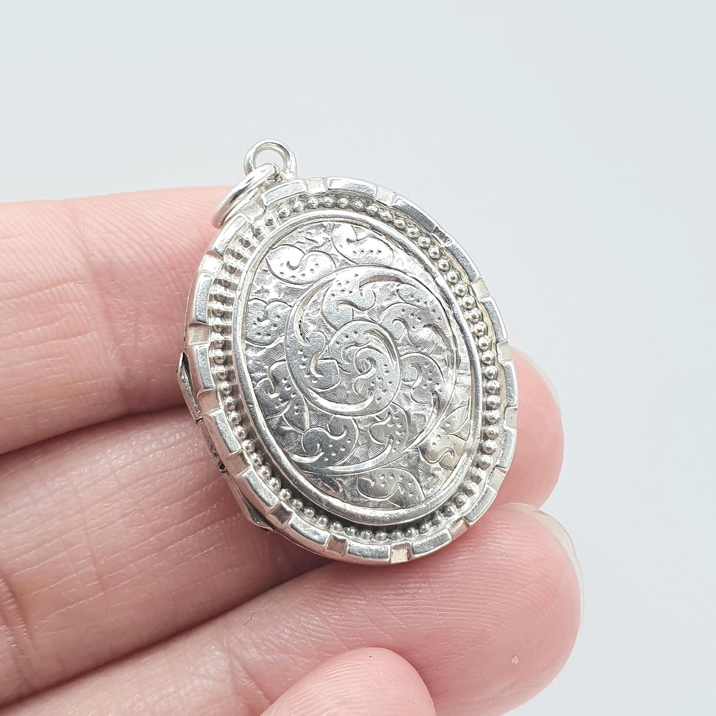 Antique Victorian Sterling Silver Oval Locket 1882 Hallmark Hand Engraved Front Stepped Border Necklace Vintage Womens Jewelry Jewellery