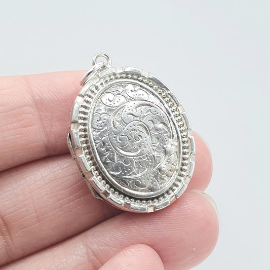 Antique Victorian Sterling Silver Oval Locket 1882 Hallmark Hand Engraved Front Stepped Border Necklace Vintage Womens Jewelry Jewellery