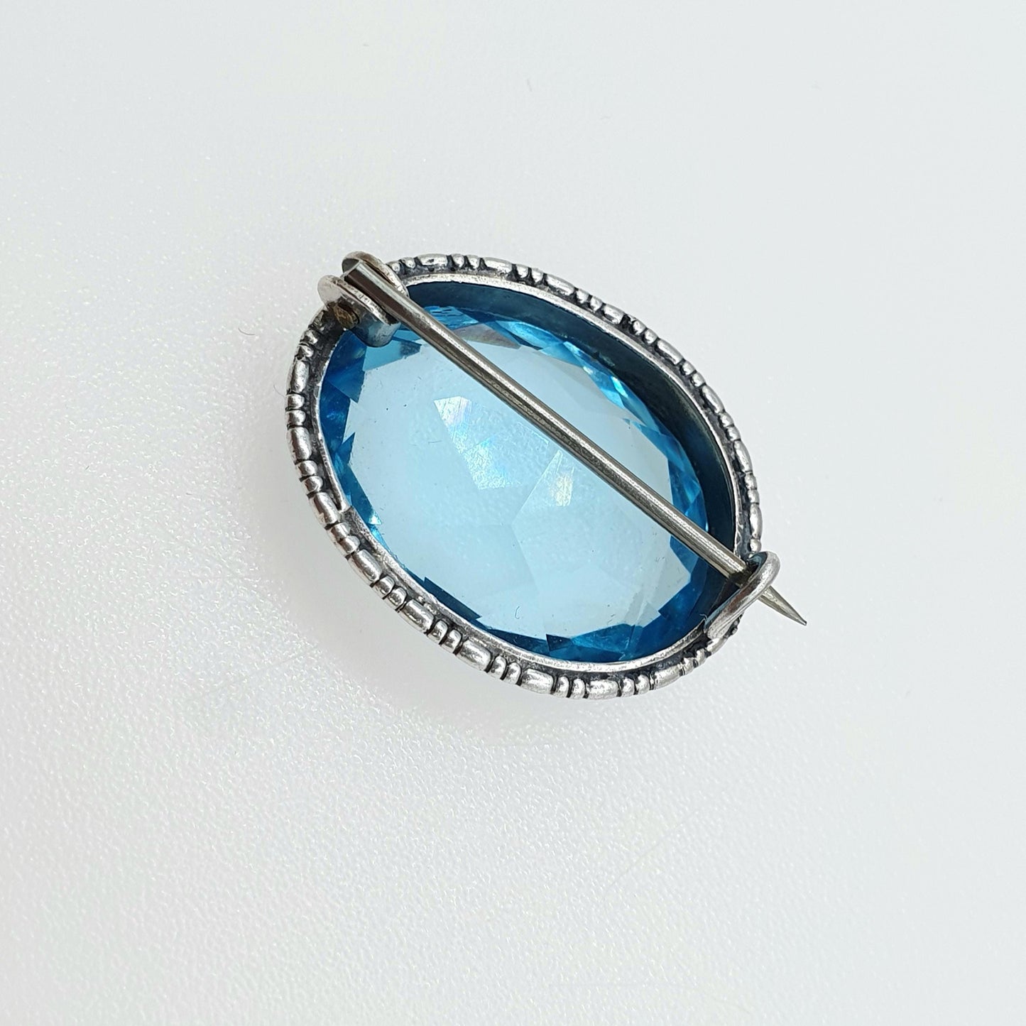 Antique Art Deco Solid Silver Aquamarine Paste Brooch Large Oval Cut Cyan Blue Vintage Retro Womens Mens Jewelry Jewellery