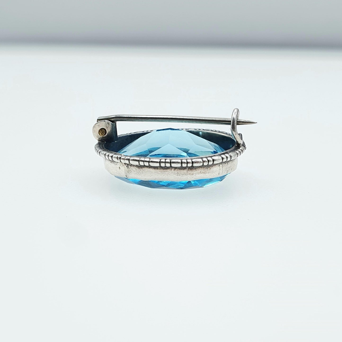 Antique Art Deco Solid Silver Aquamarine Paste Brooch Large Oval Cut Cyan Blue Vintage Retro Womens Mens Jewelry Jewellery