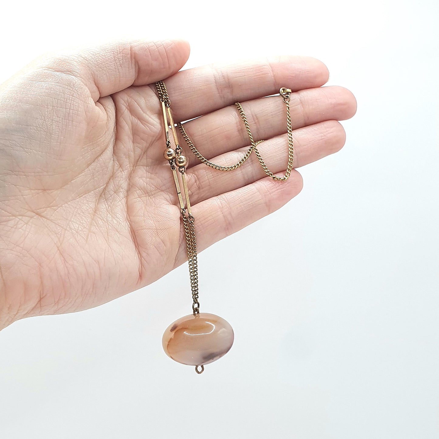 Antique Rolled Gold Agate Pendant Necklace Egg Shaped Natural Gemstone Edwardian Gold Filled Chain Link Womens Jewellery Jewelry 44cm 18.32g