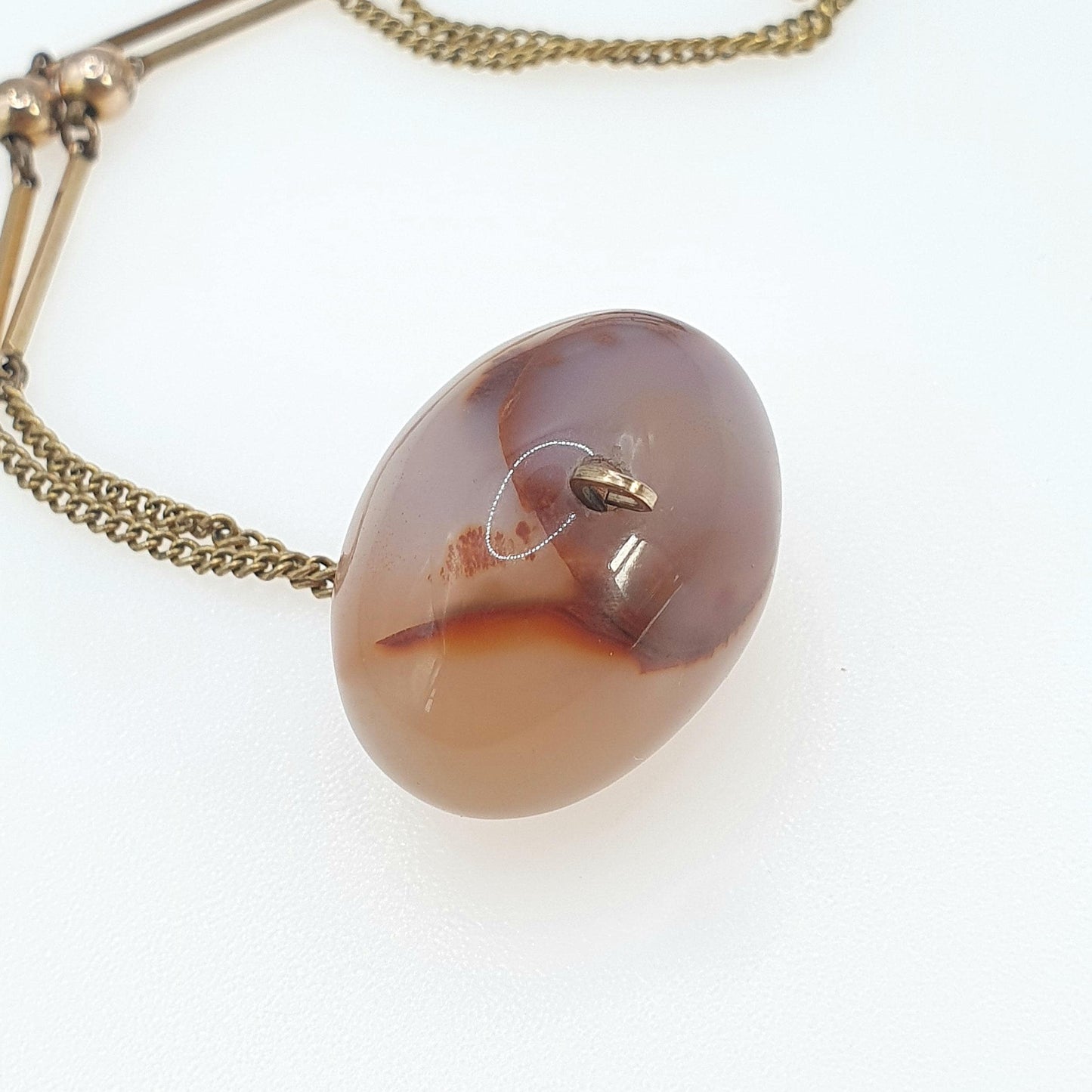 Antique Rolled Gold Agate Pendant Necklace Egg Shaped Natural Gemstone Edwardian Gold Filled Chain Link Womens Jewellery Jewelry 44cm 18.32g