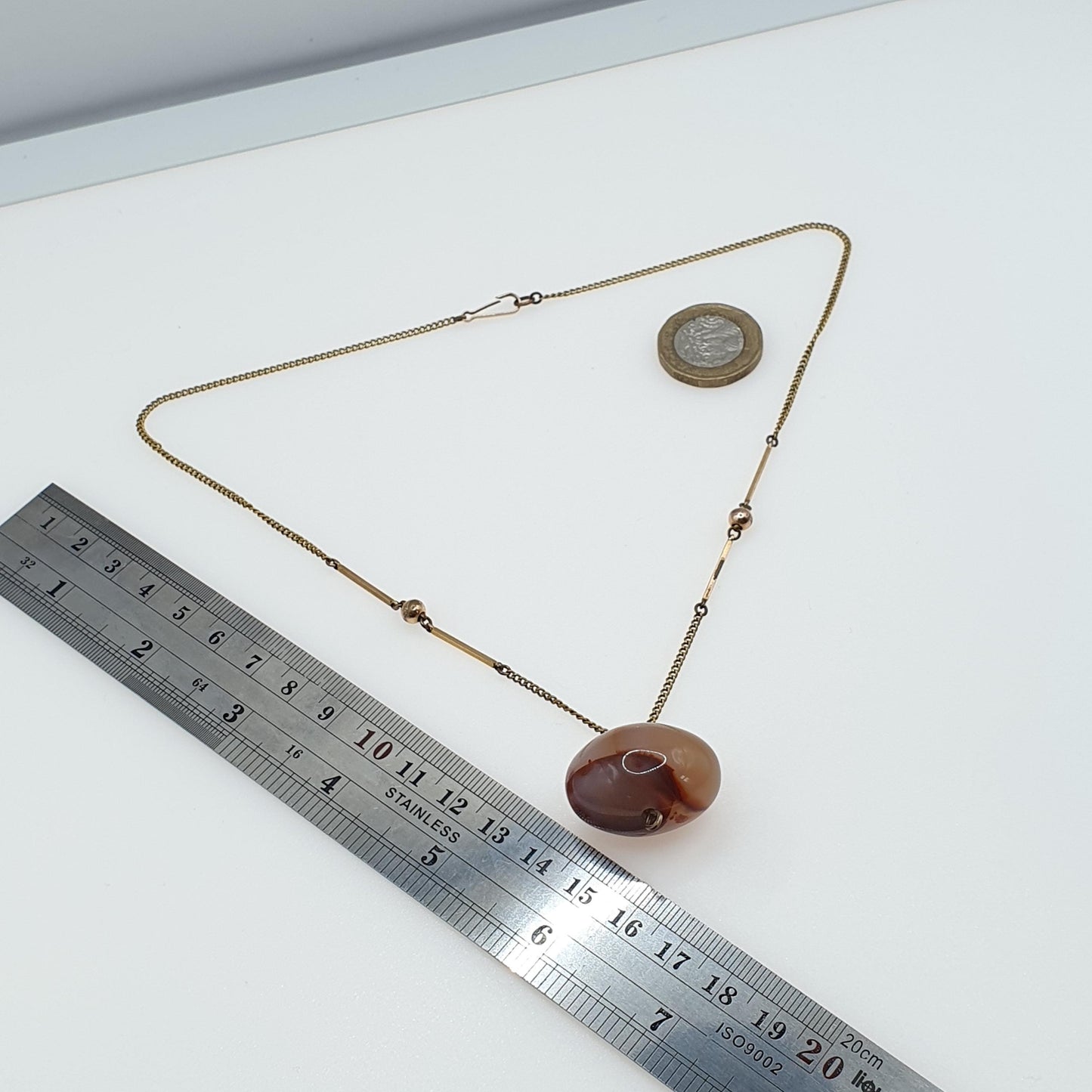 Antique Rolled Gold Agate Pendant Necklace Egg Shaped Natural Gemstone Edwardian Gold Filled Chain Link Womens Jewellery Jewelry 44cm 18.32g