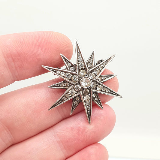 Antique Solid Silver Diamond Paste Star Brooch Victorian Sparkly Pin Celestial Starry Night Fine Jewelry Jewellery Vintage