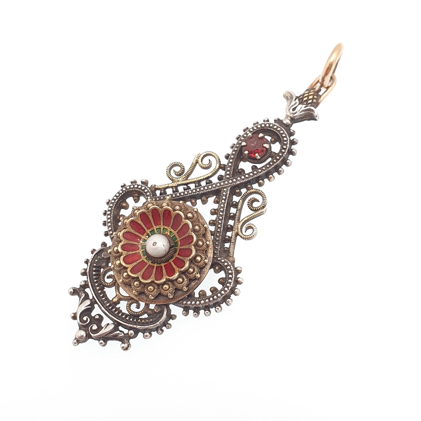 Antique Victorian Solid Silver Garnet & Pearl Pendant Enamel Necklace Gold Vermeil Austro Hungarian Style Vintage Womens Jewelry Jewellery
