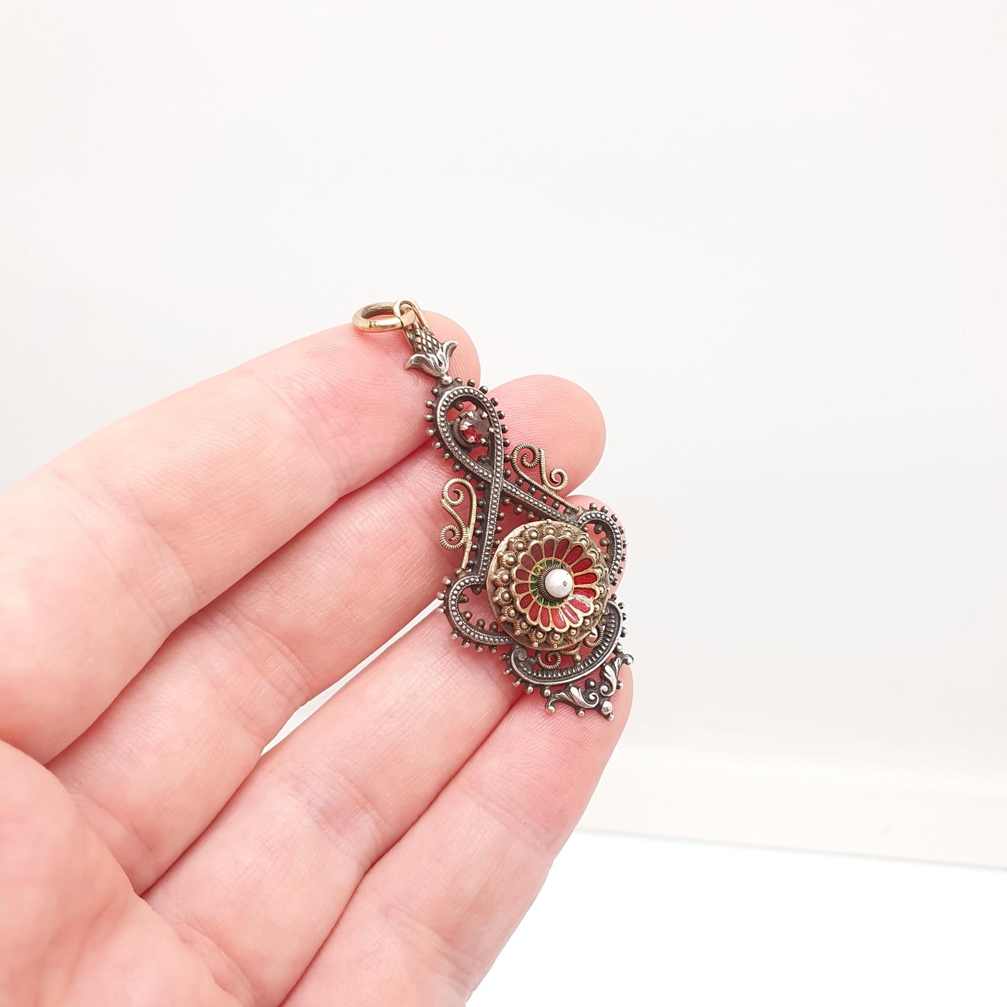Antique Victorian Solid Silver Garnet & Pearl Pendant Enamel Necklace Gold Vermeil Austro Hungarian Style Vintage Womens Jewelry Jewellery