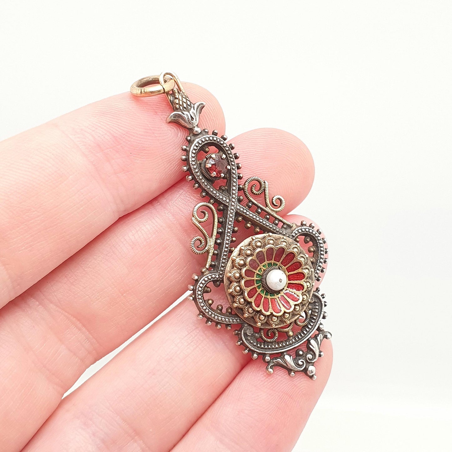 Antique Victorian Solid Silver Garnet & Pearl Pendant Enamel Necklace Gold Vermeil Austro Hungarian Style Vintage Womens Jewelry Jewellery
