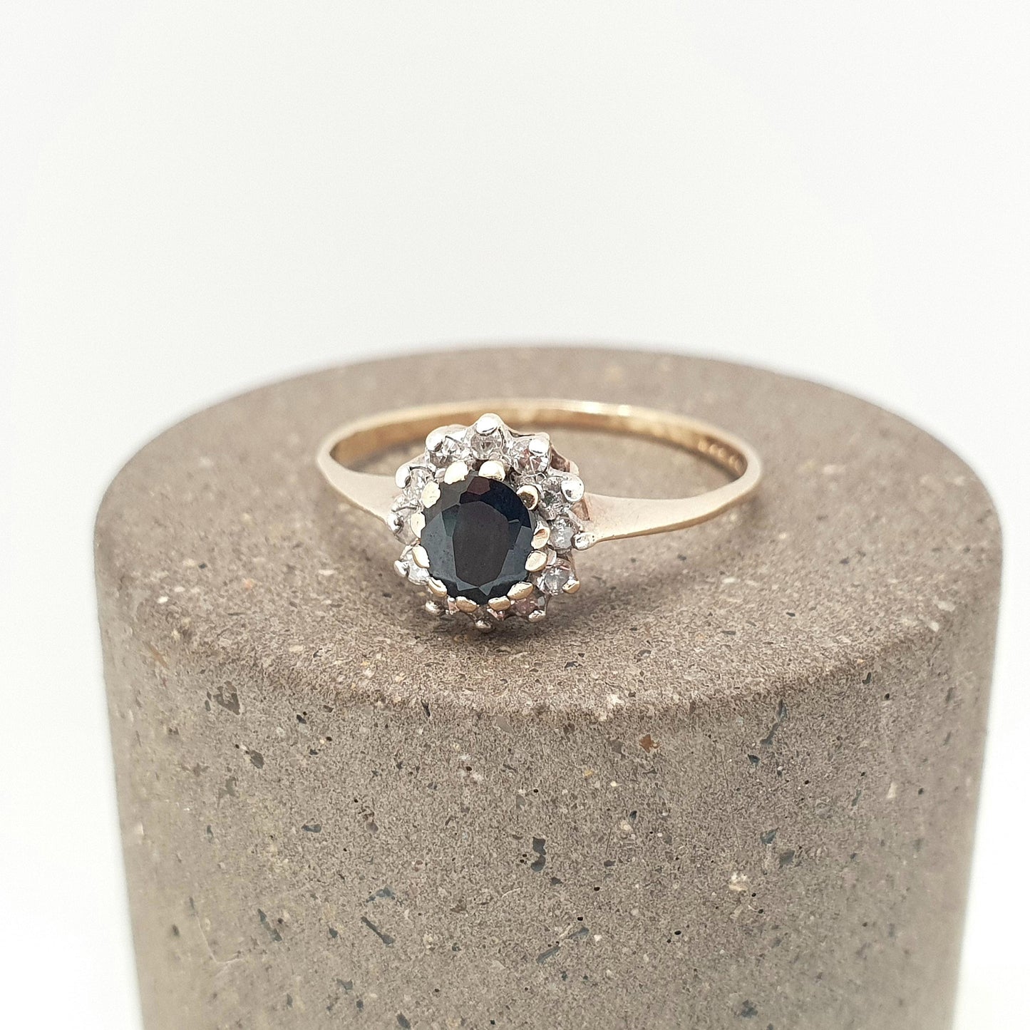 Vintage Diamond & Sapphire 9kt Gold Ring Solid 9ct 9k Cluster Halo Blue Gemstone Retro Womens Jewelry Jewellery