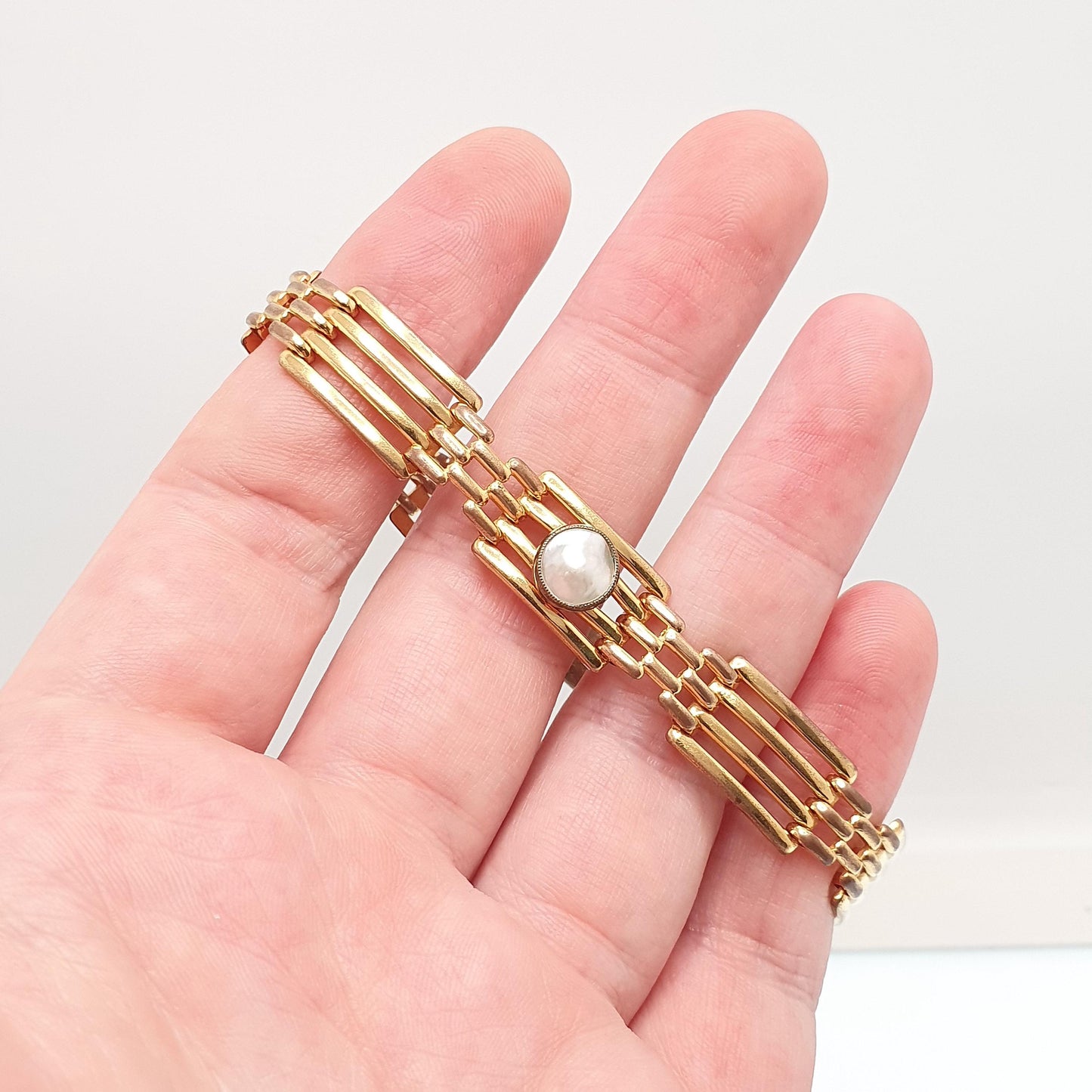 Antique Rolled Gold Gate Link Bracelet Mother of Pearl Gemstone Gold Filled Links Edwardian 18cm 15.88g Vintage Jewellery Jewelry