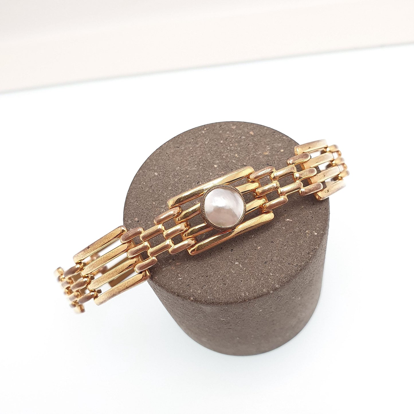Antique Rolled Gold Gate Link Bracelet Mother of Pearl Gemstone Gold Filled Links Edwardian 18cm 15.88g Vintage Jewellery Jewelry