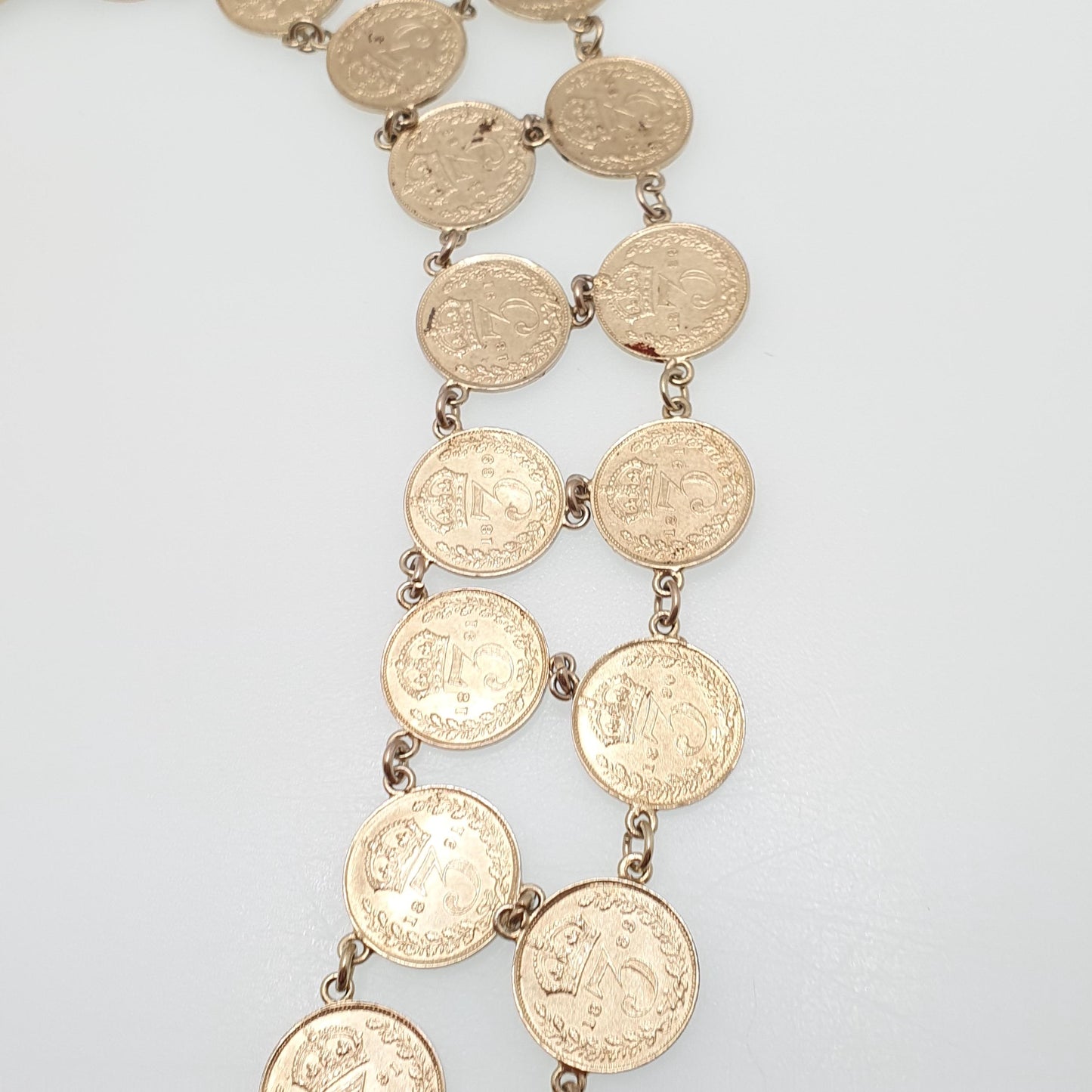 Antique Victorian Gold on Sterling Silver Coin Necklace Double Row Threepence Chain Festoon Vermeil Vintage Womens Jewelry Jewellery