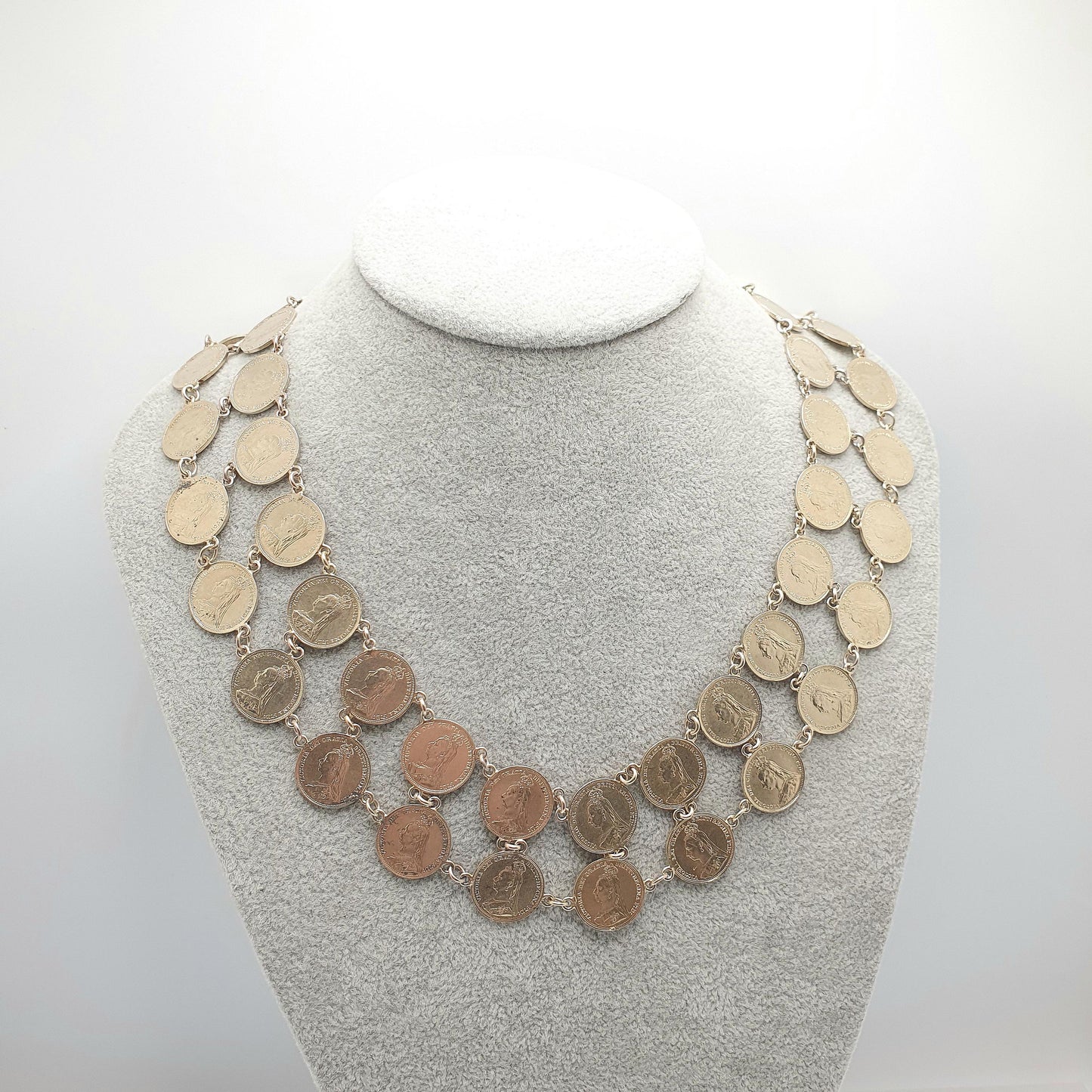 Antique Victorian Gold on Sterling Silver Coin Necklace Double Row Threepence Chain Festoon Vermeil Vintage Womens Jewelry Jewellery