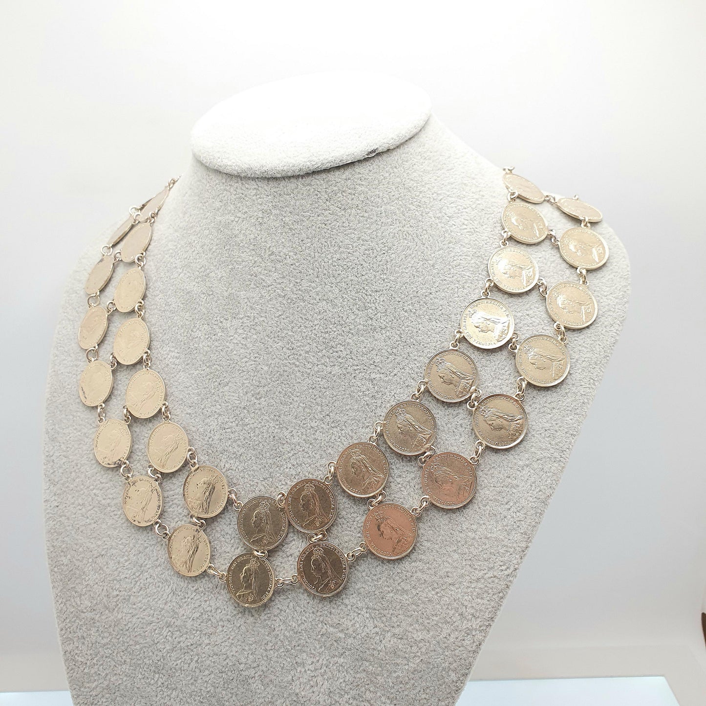 Antique Victorian Gold on Sterling Silver Coin Necklace Double Row Threepence Chain Festoon Vermeil Vintage Womens Jewelry Jewellery
