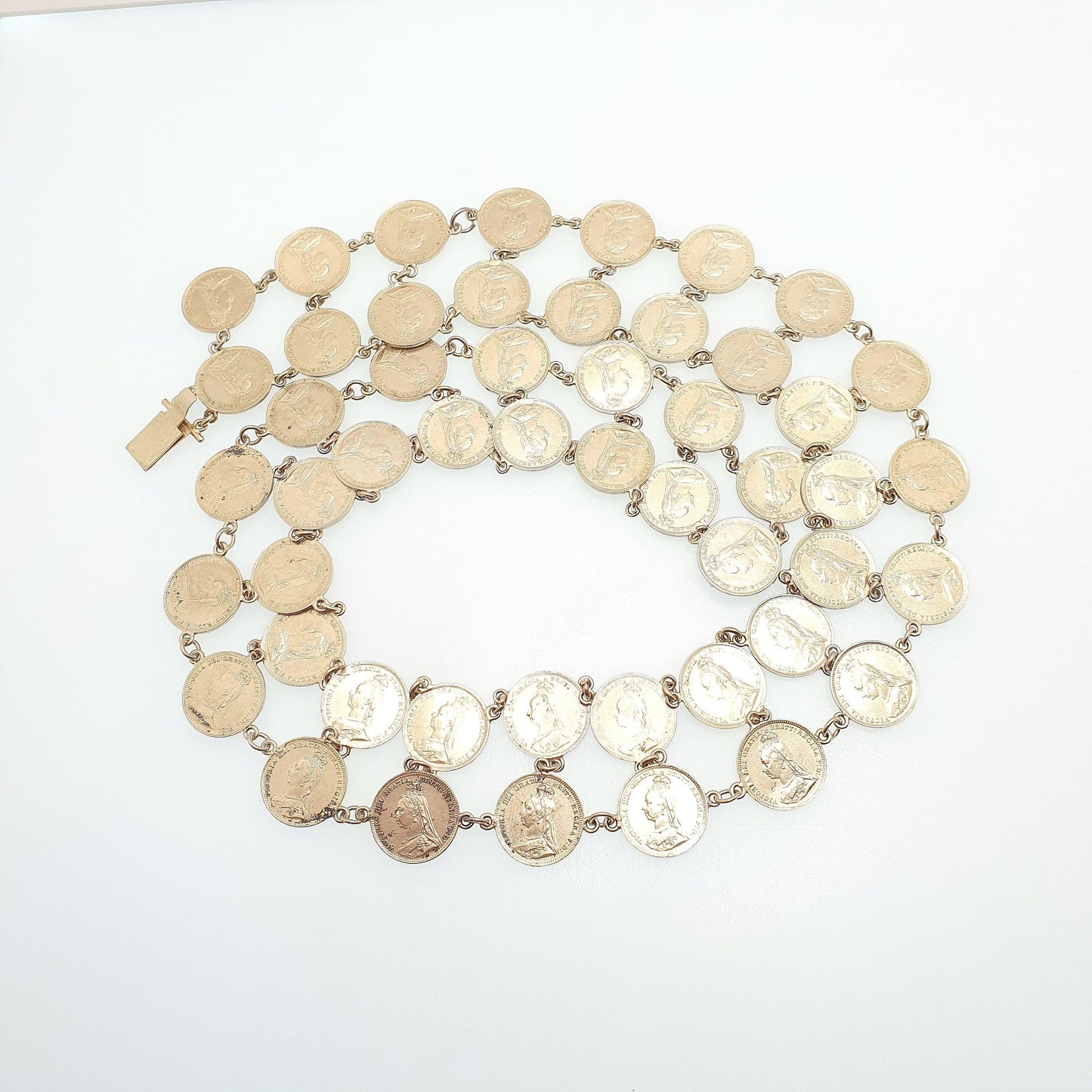 Antique Victorian Gold on Sterling Silver Coin Necklace Double Row Threepence Chain Festoon Vermeil Vintage Womens Jewelry Jewellery