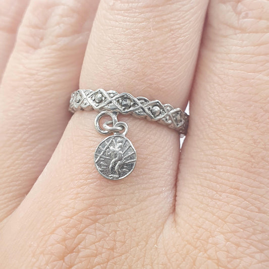 Antique Art Deco Solid Silver St Christopher Ring Marcasite Eternity Dangling Charm Travel Women’s Vintage Jewelry Jewellery UK M US 6.25