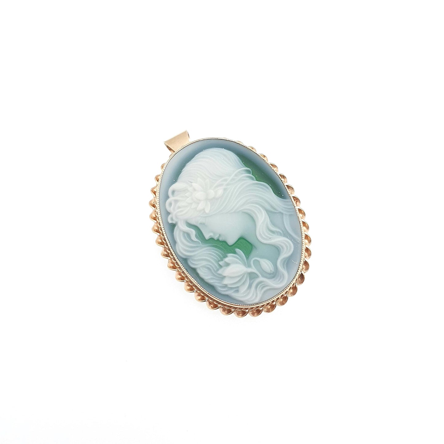 Vintage 9ct Gold Chrysoprase Cameo Pendant Necklace Brooch Genuine Green Gemstone Hardstone Large Big Solid 9k 9kt Jewelry Womens Jewellery