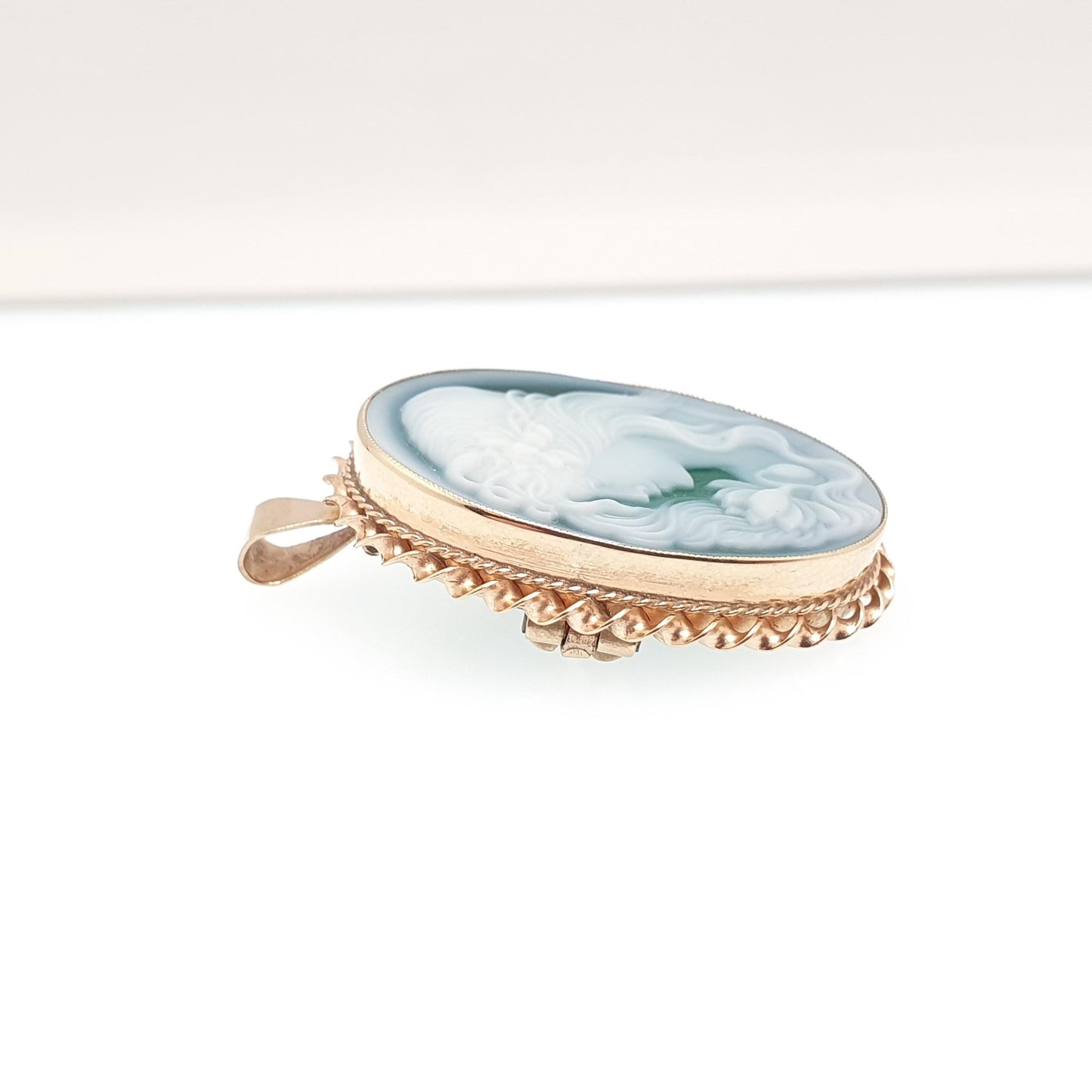 Vintage 9ct Gold Chrysoprase Cameo Pendant Necklace Brooch Genuine Green Gemstone Hardstone Large Big Solid 9k 9kt Jewelry Womens Jewellery