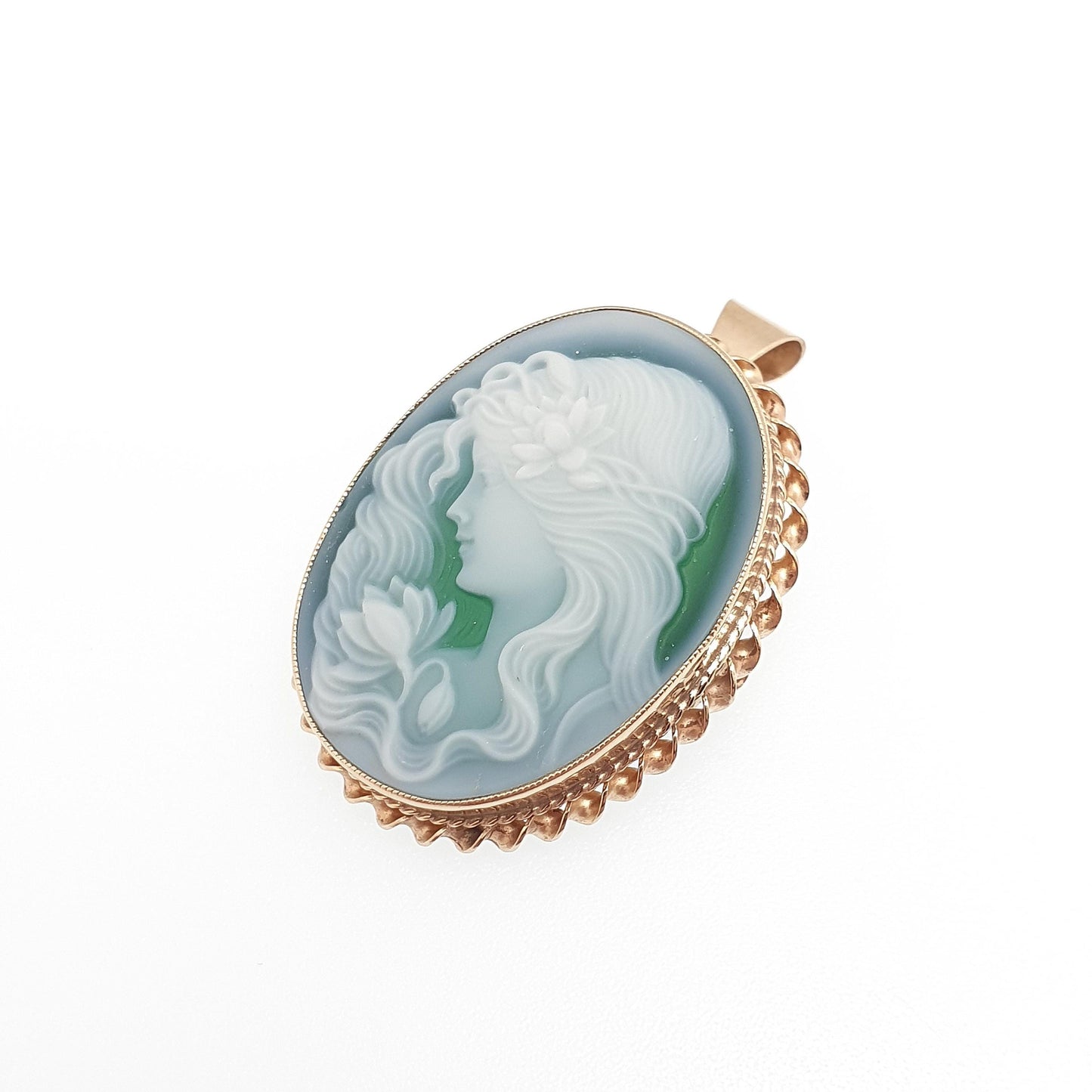 Vintage 9ct Gold Chrysoprase Cameo Pendant Necklace Brooch Genuine Green Gemstone Hardstone Large Big Solid 9k 9kt Jewelry Womens Jewellery