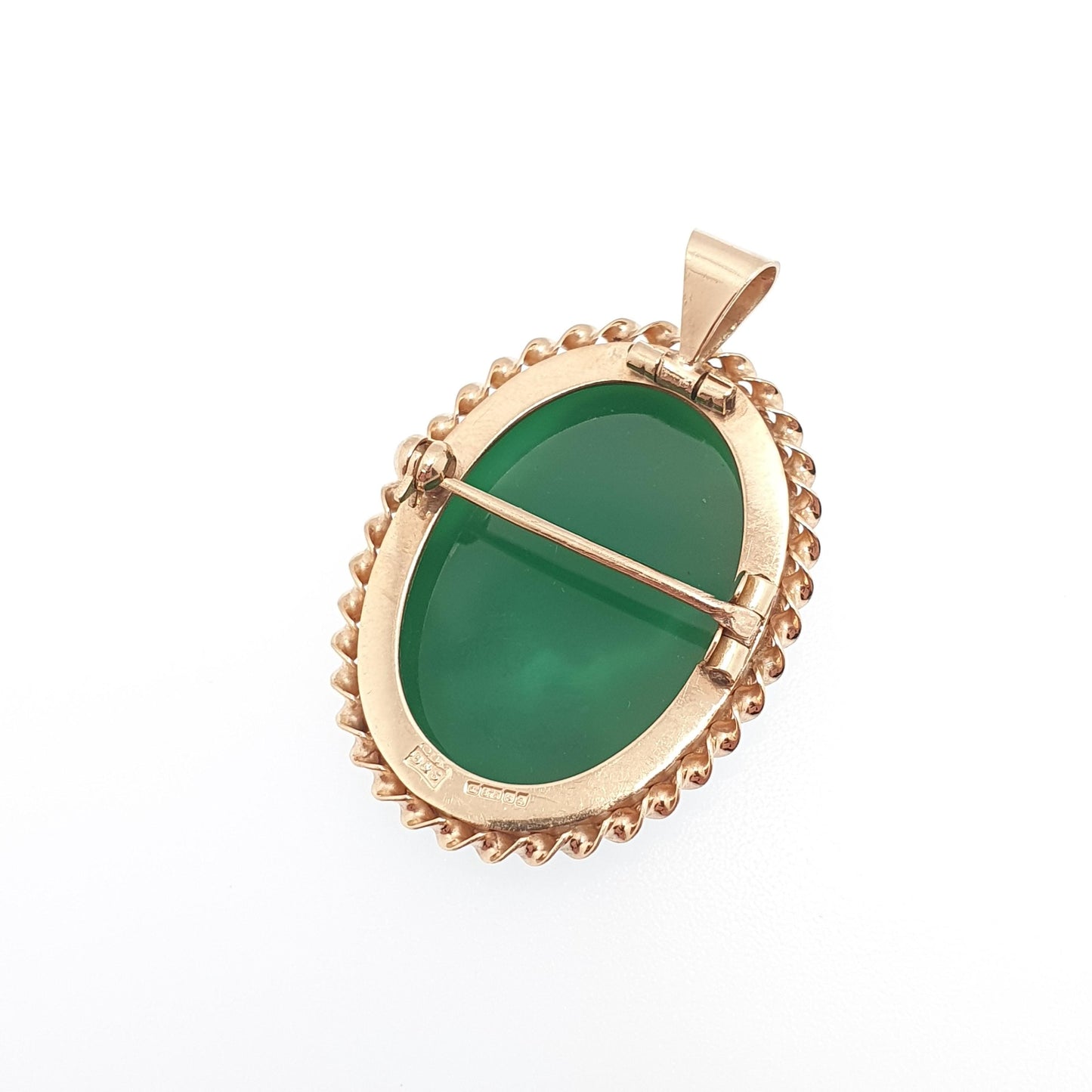 Vintage 9ct Gold Chrysoprase Cameo Pendant Necklace Brooch Genuine Green Gemstone Hardstone Large Big Solid 9k 9kt Jewelry Womens Jewellery