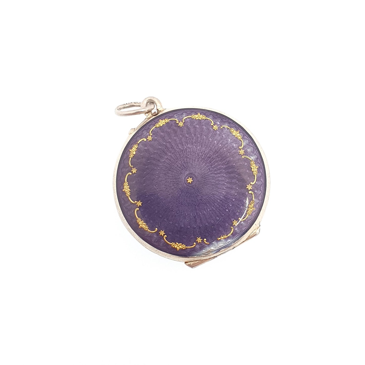 Antique Enamel Solid Silver Locket Purple Guilloche Pendant Necklace Gold Star Edwardian Round Photo Picture Genuine Vintage Jewelry Jewelry