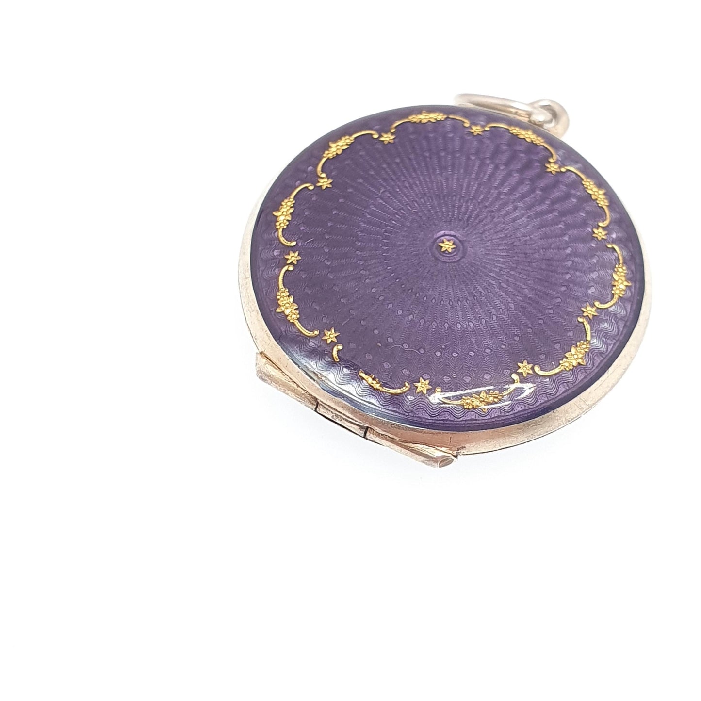 Antique Enamel Solid Silver Locket Purple Guilloche Pendant Necklace Gold Star Edwardian Round Photo Picture Genuine Vintage Jewelry Jewelry