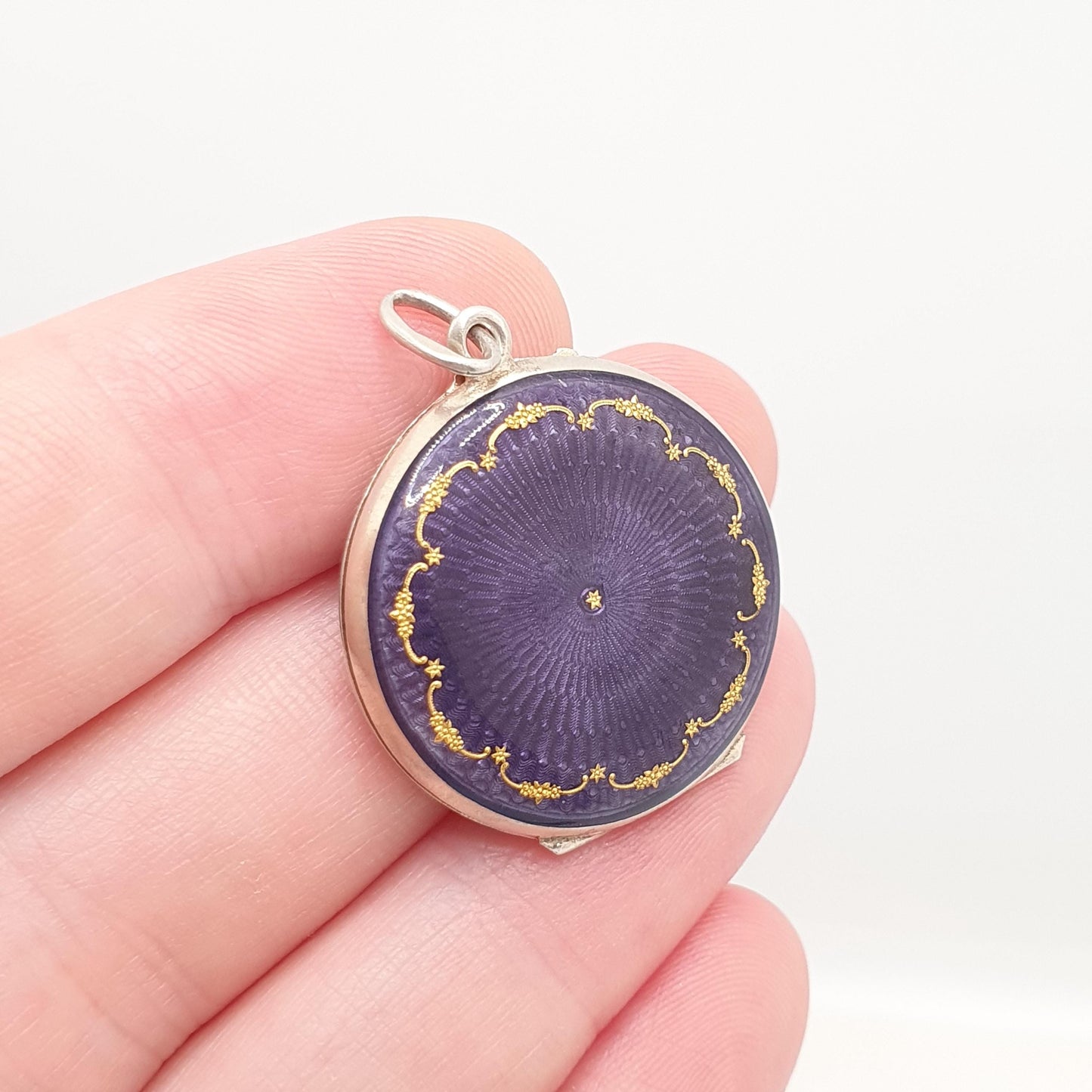 Antique Enamel Solid Silver Locket Purple Guilloche Pendant Necklace Gold Star Edwardian Round Photo Picture Genuine Vintage Jewelry Jewelry