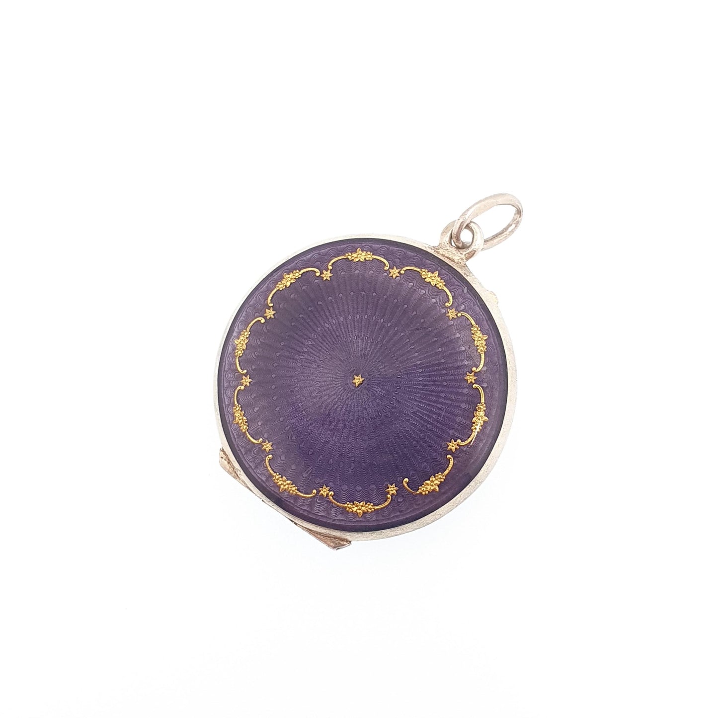 Antique Enamel Solid Silver Locket Purple Guilloche Pendant Necklace Gold Star Edwardian Round Photo Picture Genuine Vintage Jewelry Jewelry