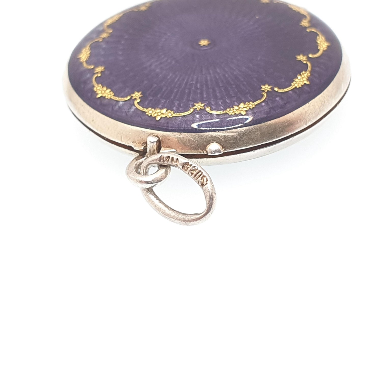 Antique Enamel Solid Silver Locket Purple Guilloche Pendant Necklace Gold Star Edwardian Round Photo Picture Genuine Vintage Jewelry Jewelry