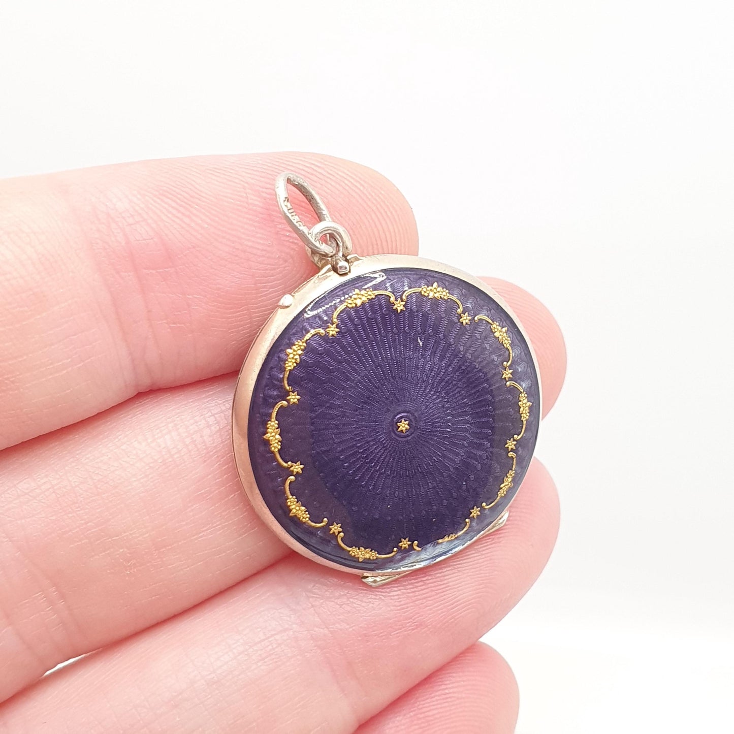 Antique Enamel Solid Silver Locket Purple Guilloche Pendant Necklace Gold Star Edwardian Round Photo Picture Genuine Vintage Jewelry Jewelry