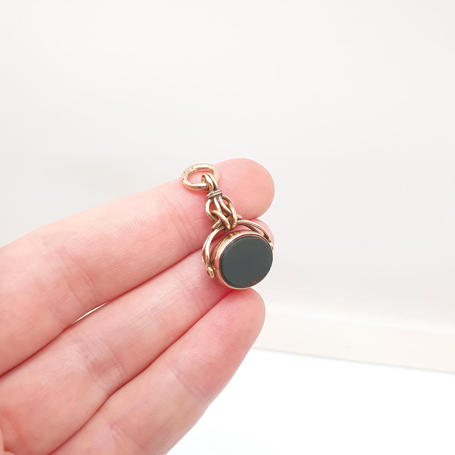 Antique 10k Gold Bloodstone Spinner Fob Pendant Oval Victorian Carnelian Necklace Albert Vintage Solid 10kt