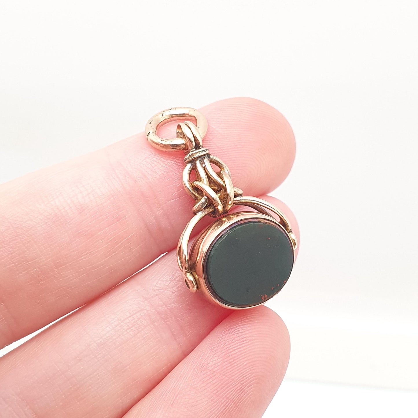 Antique 10k Gold Bloodstone Spinner Fob Pendant Oval Victorian Carnelian Necklace Albert Vintage Solid 10kt