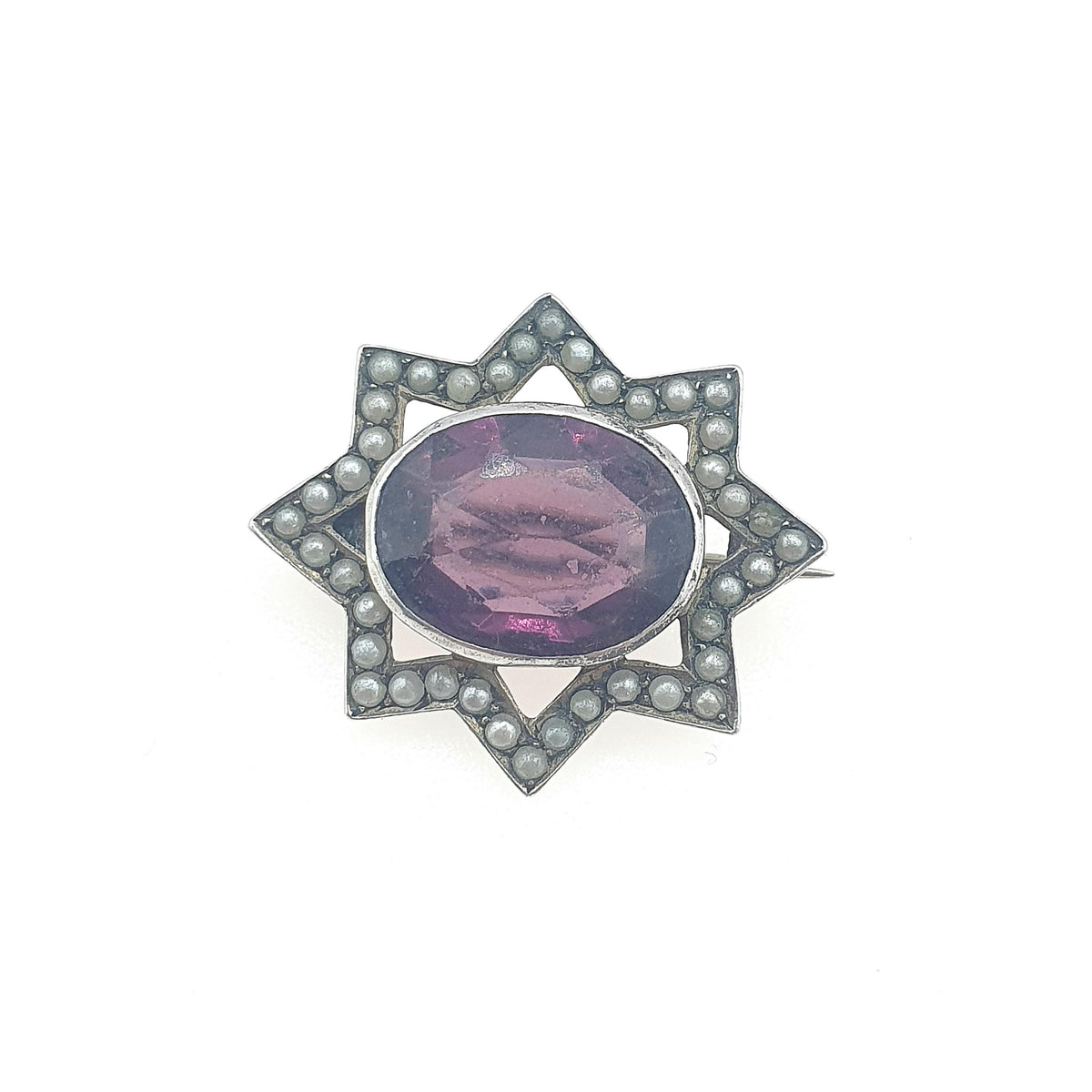 Antique Victorian Solid Silver Amethyst Paste Star Brooch Faux Seed Pearl Border Celestial Vintage Womens Jewelry Jewellery
