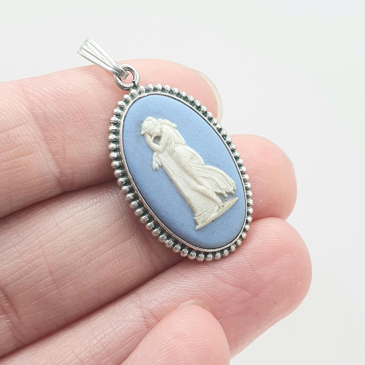 Vintage Sterling Silver Wedgwood Pendant Sky Blue Jasperware Necklace 1977 Hallmark Cameo Womens Ladies Jewelry Jewellery Retro