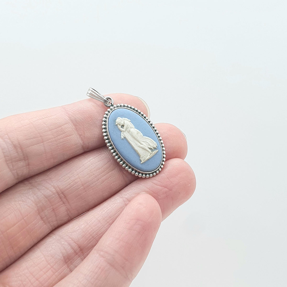 Vintage Sterling Silver Wedgwood Pendant Sky Blue Jasperware Necklace 1977 Hallmark Cameo Womens Ladies Jewelry Jewellery Retro
