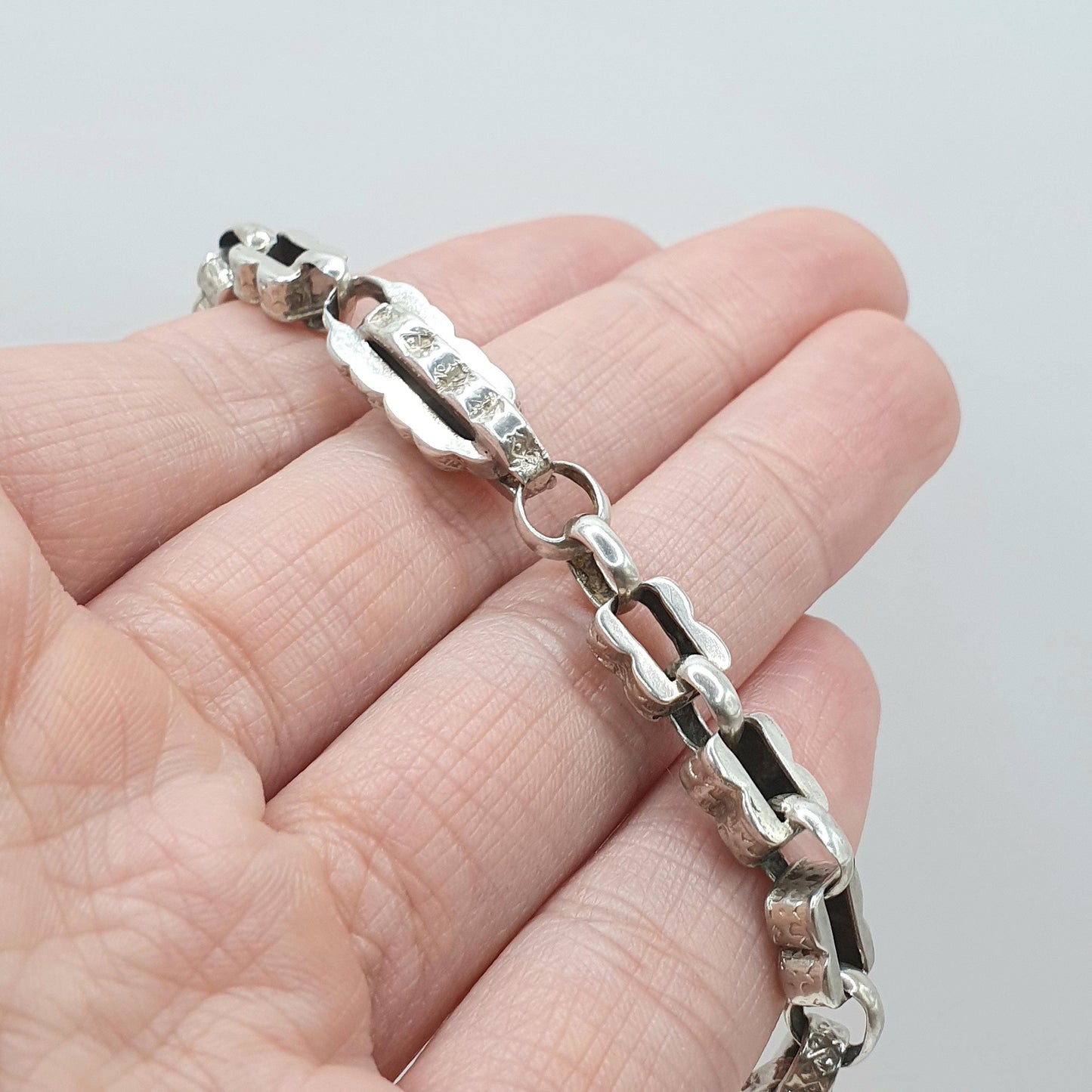 Antique Victorian Solid Silver Albert Chain Bracelet Fancy Link Staple Square Vintage Womens Jewelry Jewellery Mens 12.32g 20cm 7.8”