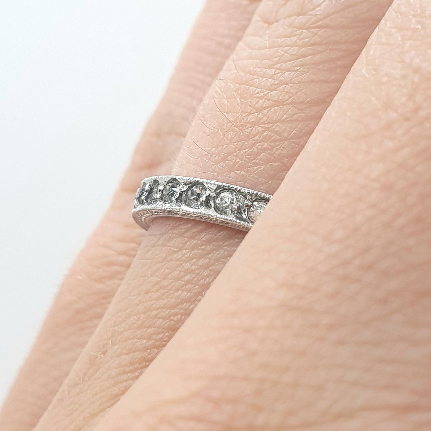 Antique Solid Silver Diamond Paste Eternity Ring Art Deco 1920s Patterned Flats Vintage Ladies Womens Gift Jewelry Jewellery UK J.5 US 5