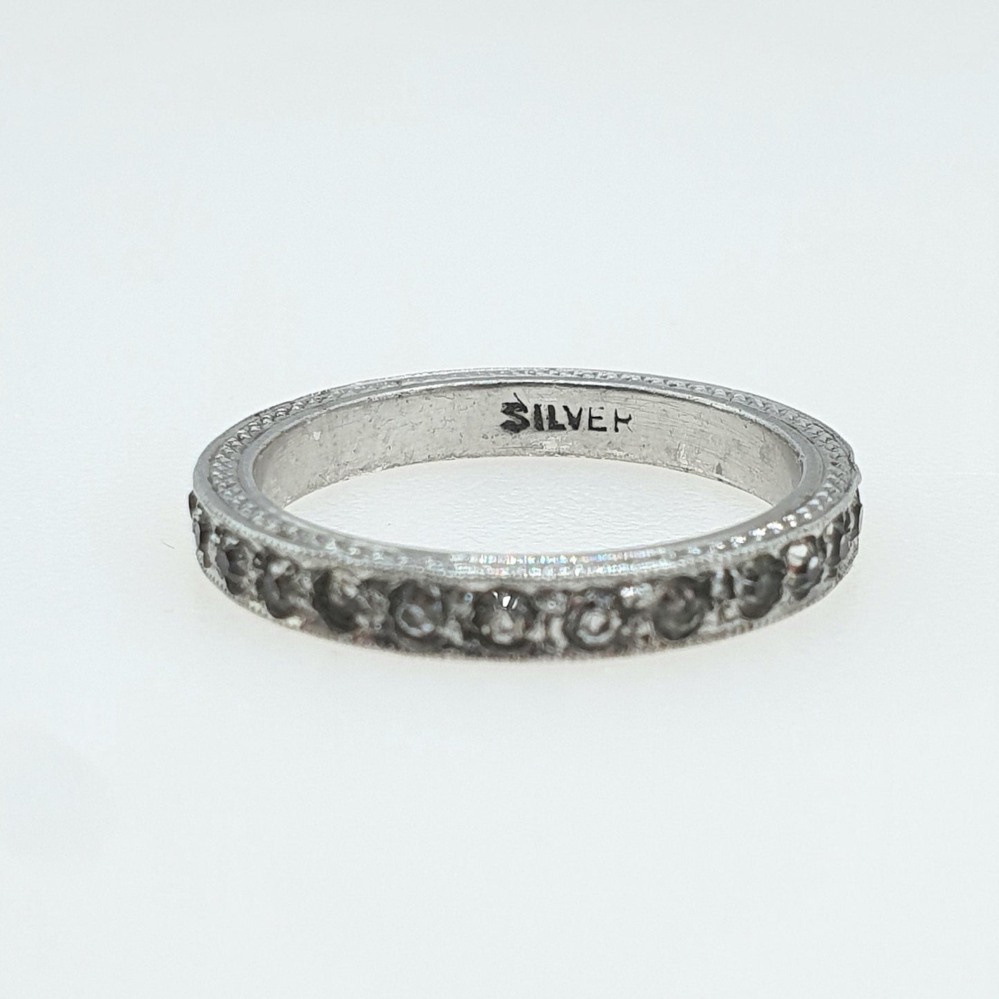 Antique Solid Silver Diamond Paste Eternity Ring Art Deco 1920s Patterned Flats Vintage Ladies Womens Gift Jewelry Jewellery UK J.5 US 5