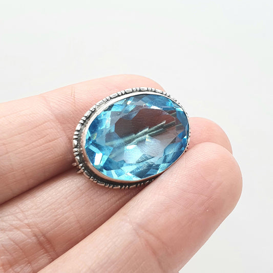 Antique Art Deco Solid Silver Aquamarine Paste Brooch Large Oval Cut Cyan Blue Vintage Retro Womens Mens Jewelry Jewellery
