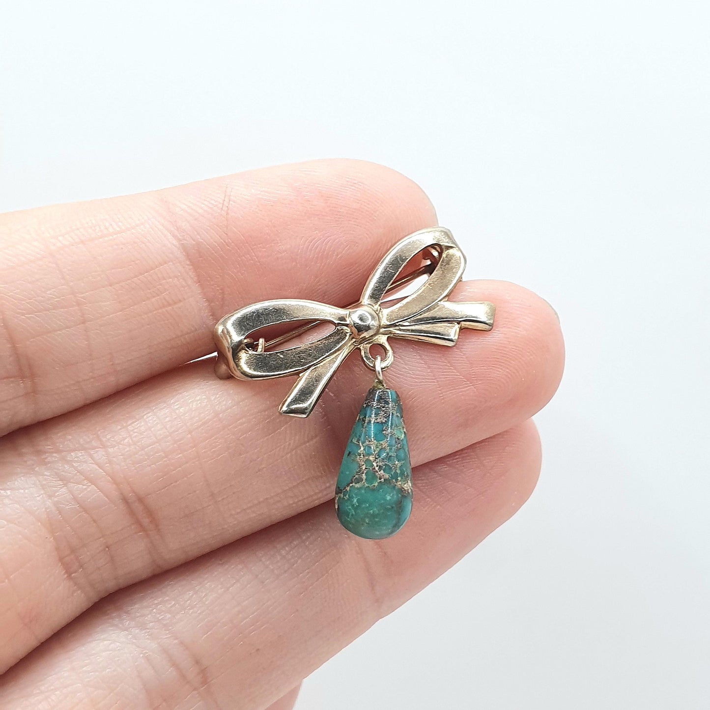 Antique Gold Gilt Natural Turquoise Bow Brooch Art Deco Gold Plated Genuine Gemstone Teardrop Womens Jewelry Jewellery Vintage