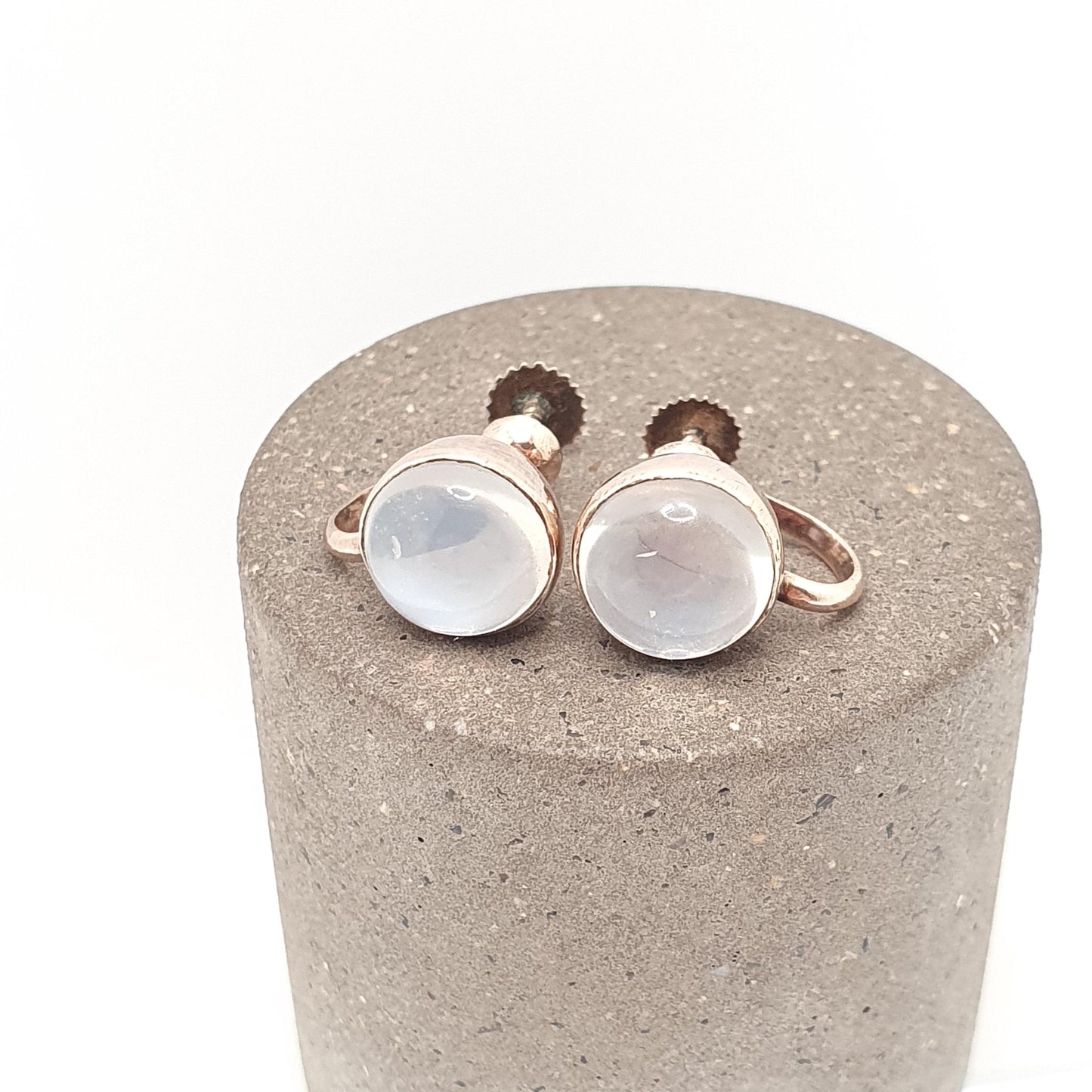 Antique 9ct Gold Moonstone Earrings Victorian Solid 9k 9kt Screw Back Round Cabochon Adularescence Womens Vintage Jewelry Jewellery