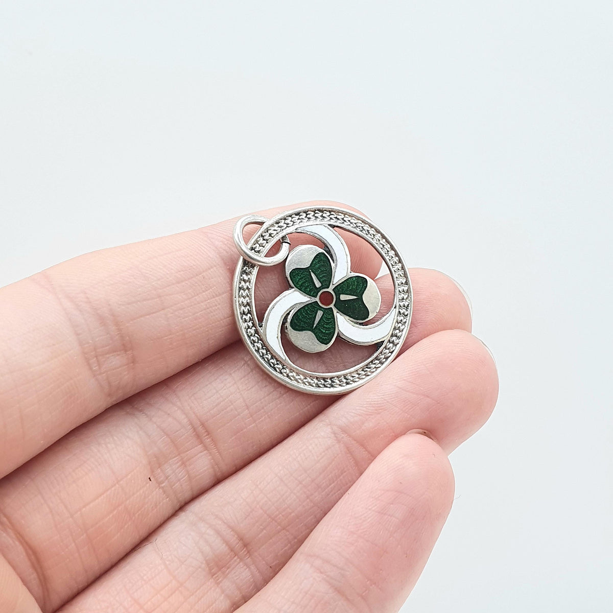 Antique Sterling Silver Clover Pendant Fob Necklace Enamel Three Leaf 1913 Hallmark Irish Good Luck Jewelry Vintage Jewellery Mens Womens