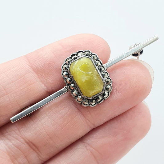 Antique Solid Silver Connemara Marble Brooch Marcasite Border Irish Gemstone Art Deco Pin 1920s Vintage Womens Jewelry Jewellery