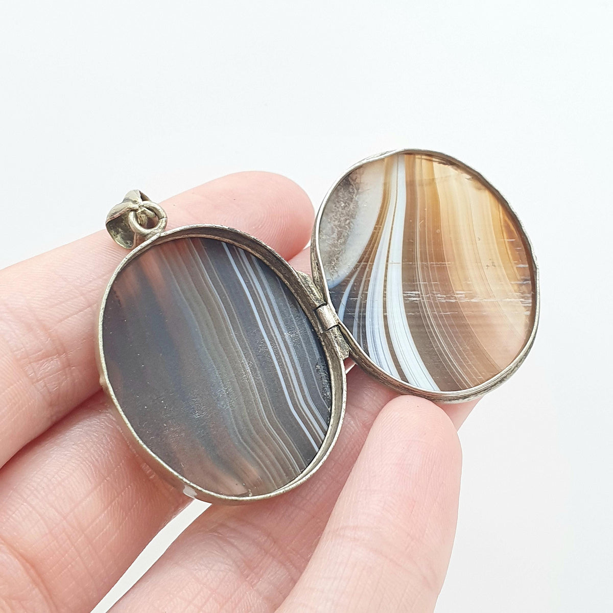 Antique Victorian Agate Locket Large Oval Genuine Gemstone Silver Tone Base Metal Big Genuine Banded Gemstone Vintage Womens Jewelry