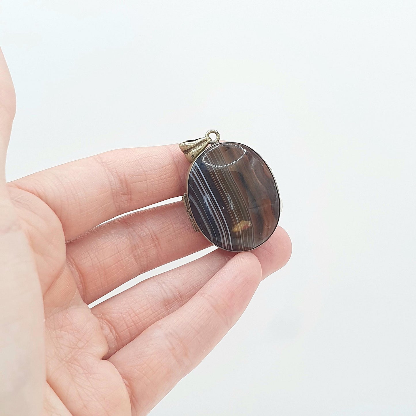 Antique Victorian Agate Locket Large Oval Genuine Gemstone Silver Tone Base Metal Big Genuine Banded Gemstone Vintage Womens Jewelry