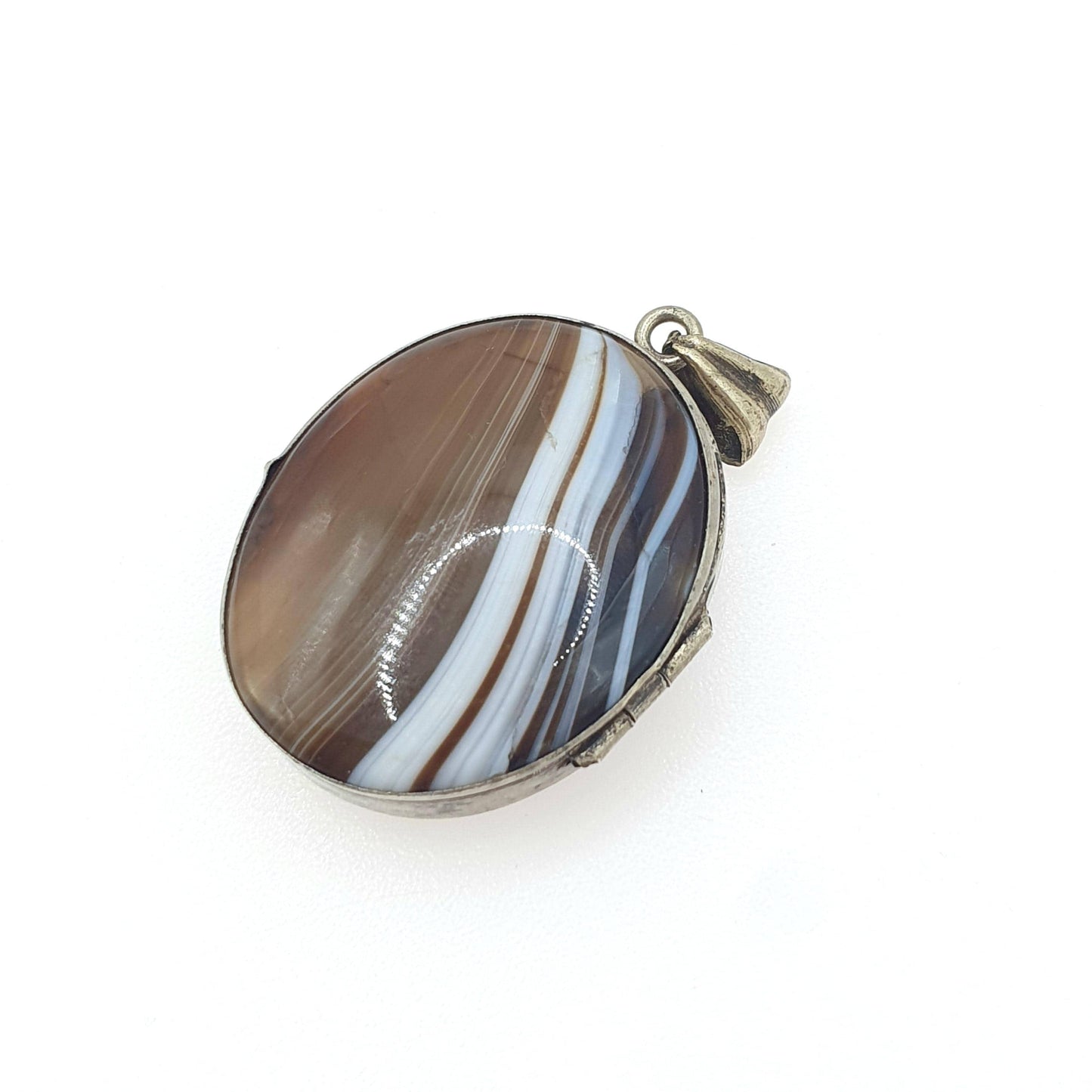 Antique Victorian Agate Locket Large Oval Genuine Gemstone Silver Tone Base Metal Big Genuine Banded Gemstone Vintage Womens Jewelry