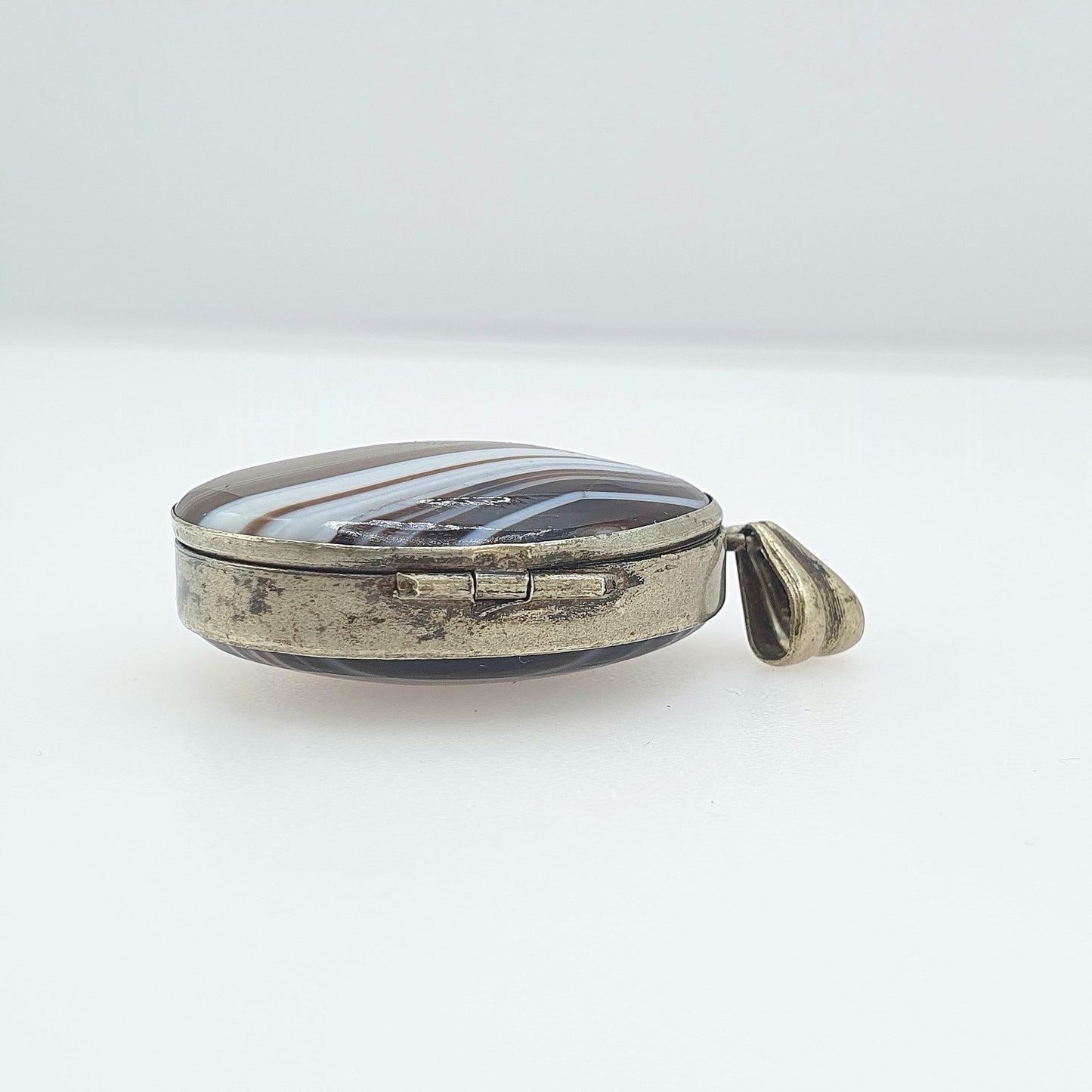 Antique Victorian Agate Locket Large Oval Genuine Gemstone Silver Tone Base Metal Big Genuine Banded Gemstone Vintage Womens Jewelry