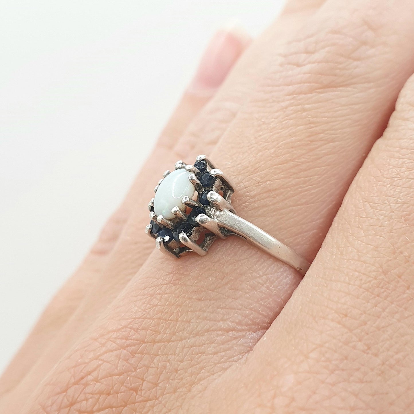 Vintage Solid Silver Sapphire & Opal Ring Halo Cluster Genuine Gemstone Oval Cut Womens Jewelry Jewellery UK M.5 US 6.5