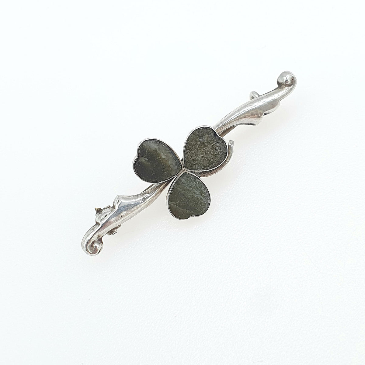 Antique Sterling Silver Connemara Marble Clover Brooch 1914 Hallmark Irish Three Leaf Good Lucky Celtic Vintage Womens Jewelry Jewelry
