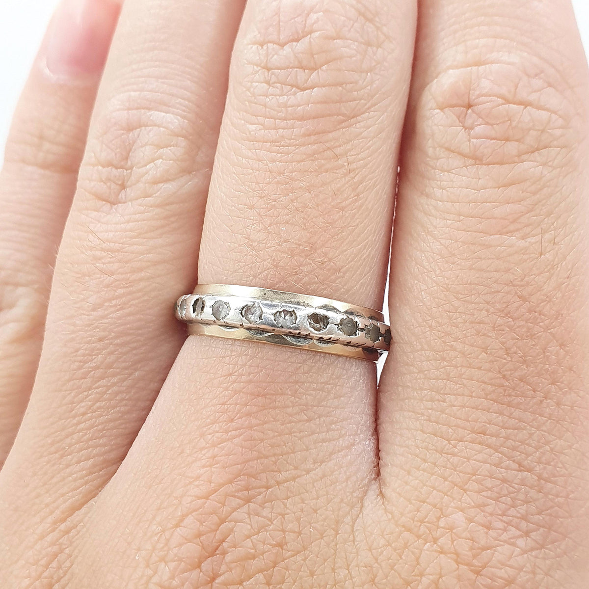 Antique 9ct Gold & Solid Silver White Spinel Eternity Ring Art Deco Gift Vintage Womens Jewelry Jewellery UK O US 7.25