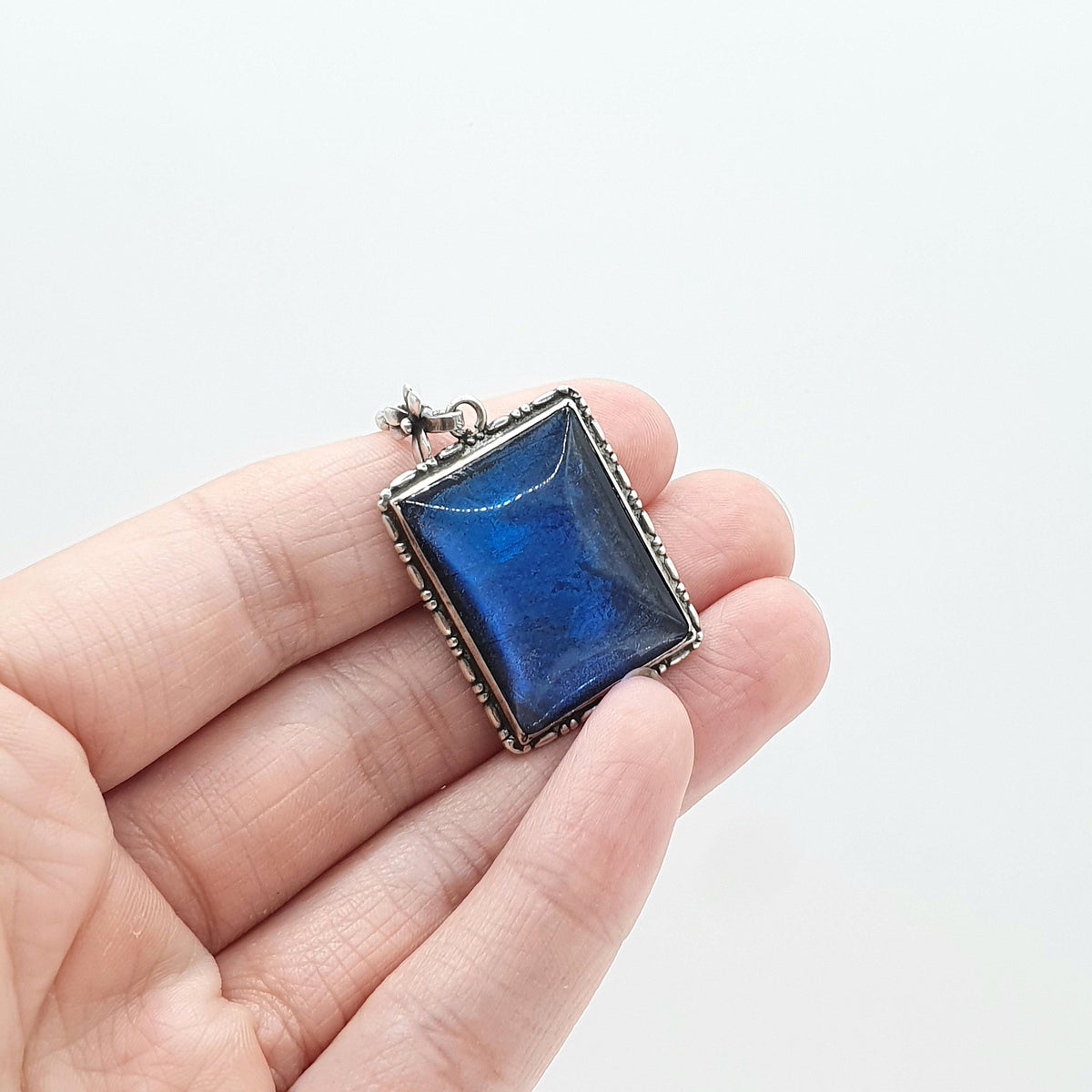 Antique Art Deco Solid Silver Butterfly Wing Necklace Pendant Rectangular Large Big Vintage 1920s Blue Bug Fly Insect Jewelry Jewellery